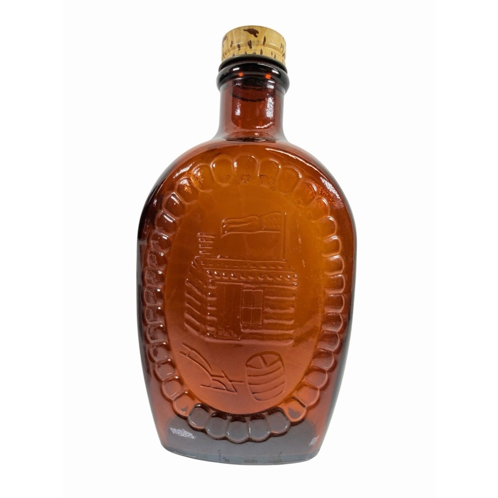 1776-1976 Vintage Bicentennial Amber Glass Embossed Log Cabin Maple Syrup Bottle
